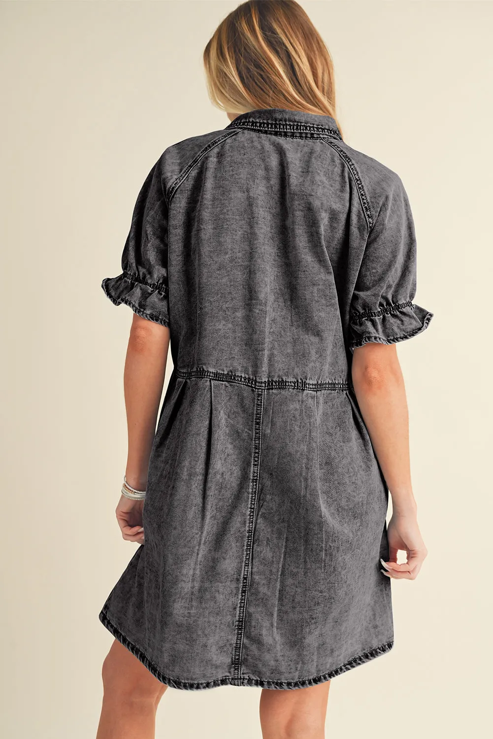 Blue Mineral Washed Ruffled Short Sleeve Pocketed Denim Dress