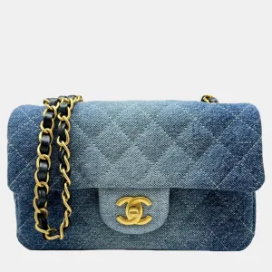 Blue Washed Denim Quilted Mini Rectangular Flap Bag