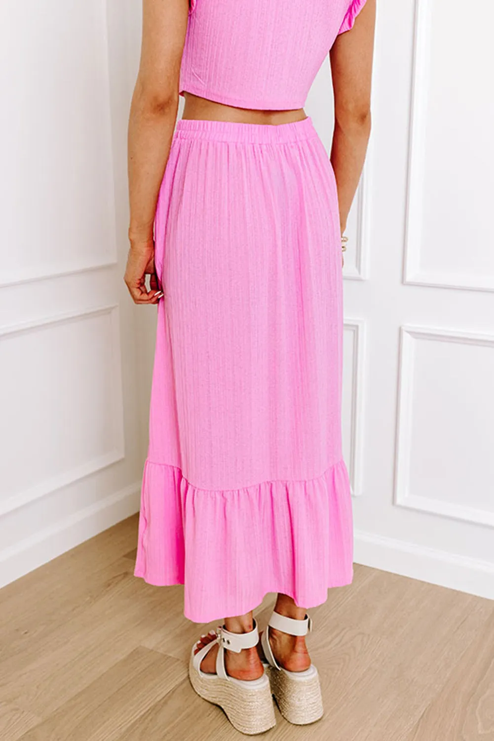 Bonbon Textured Ruffle Trim Crop Top and Drawstring Skirt Set