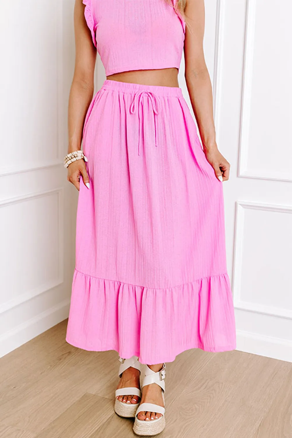 Bonbon Textured Ruffle Trim Crop Top and Drawstring Skirt Set