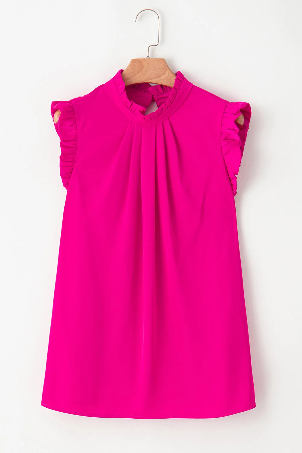 Bright Pink Frilled Trim Sleeveless Pleated Blouse