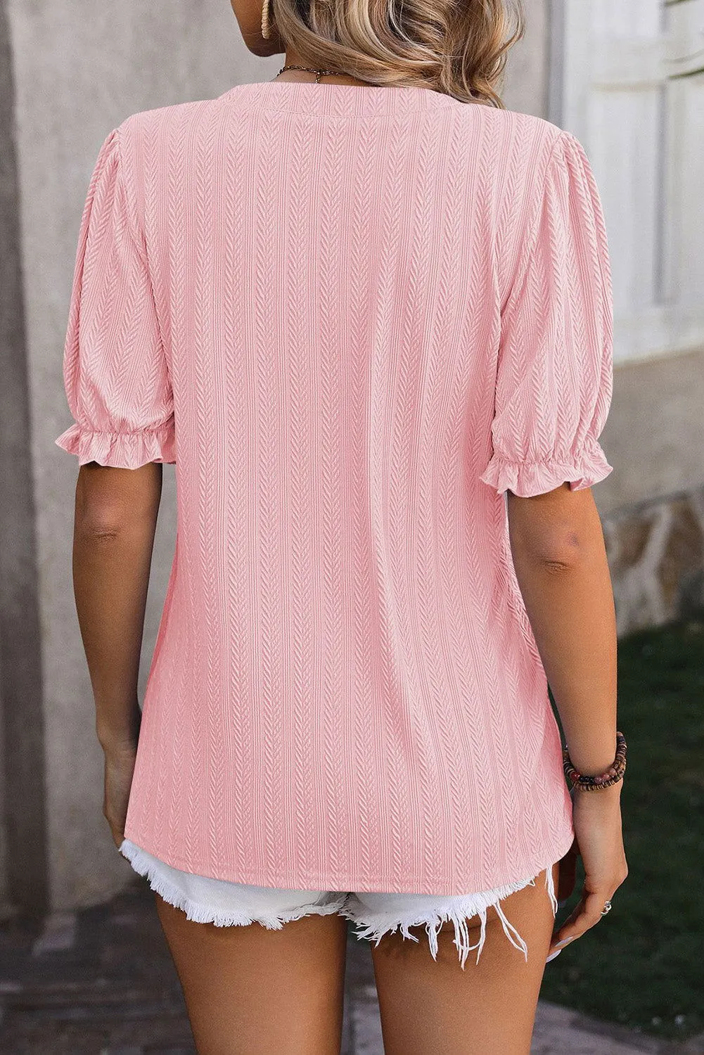 Bright Pink Textured Notched Neck Frill Puff Sleeve Blouse