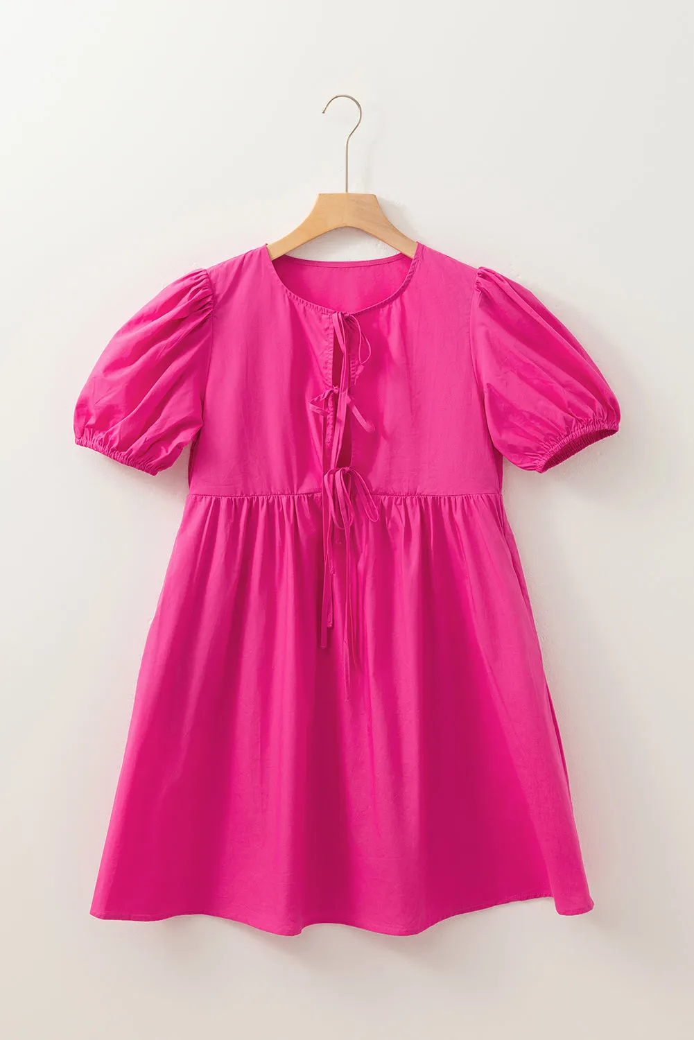 Bright Pink Tie Front Puff Sleeve Mini Dress