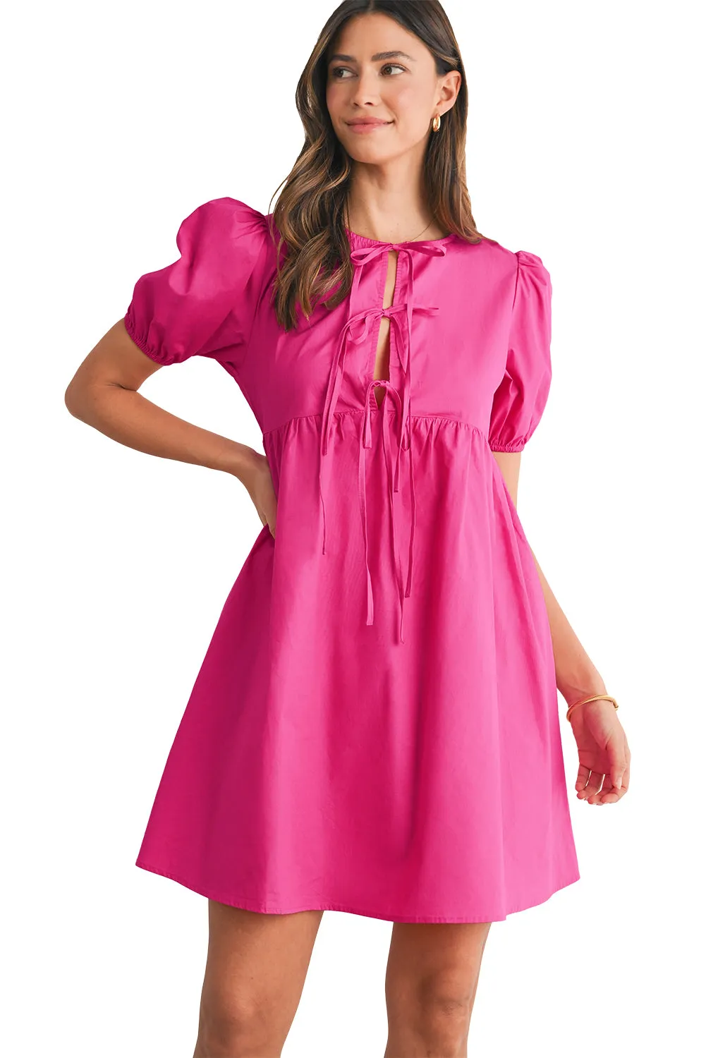 Bright Pink Tie Front Puff Sleeve Mini Dress