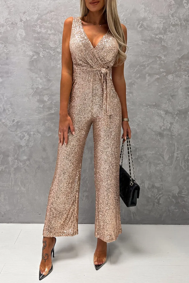 British Style Elegant Solid Backless V Neck Regular Jumpsuits