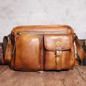 Brown Cool Leather Mens 14 inches Side Bag Gray Courier Bag Messenger Bag for Men