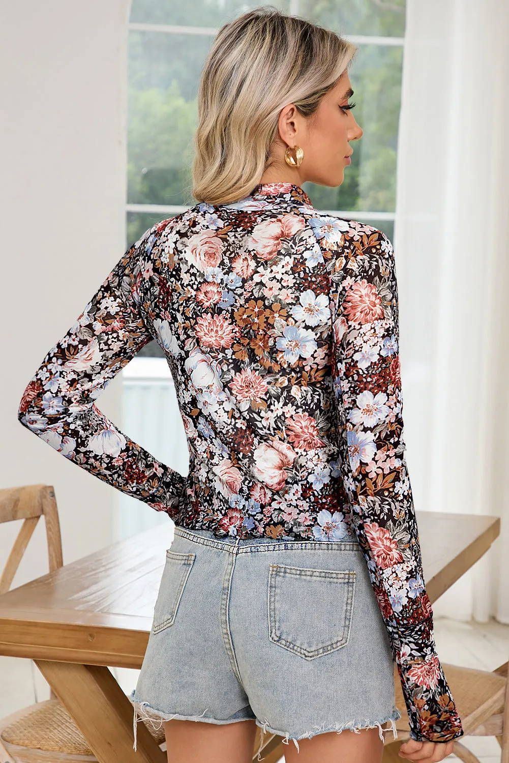 Brown Floral Print Mesh Mock Neck Slim Top