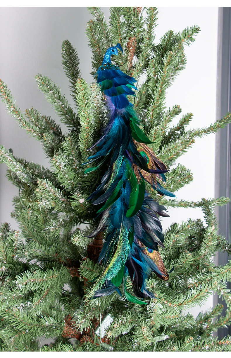 Bulk Artificial Long Tail Blue Peacocks Ornaments Christmas Hanging Ornaments Wholesale