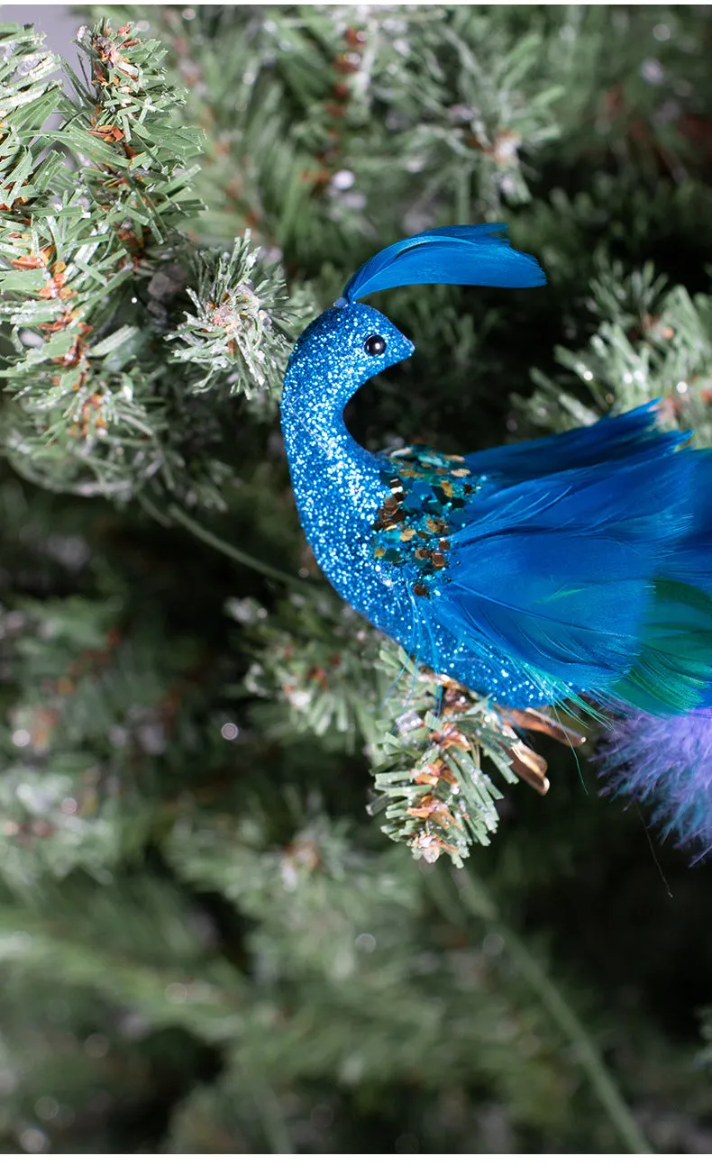 Bulk Artificial Long Tail Blue Peacocks Ornaments Christmas Hanging Ornaments Wholesale