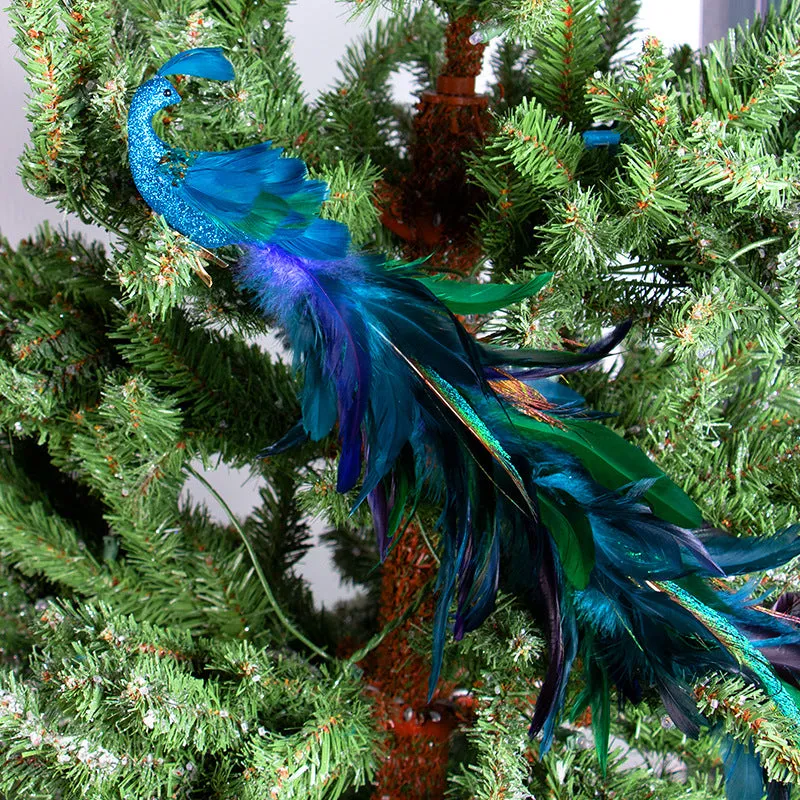 Bulk Artificial Long Tail Blue Peacocks Ornaments Christmas Hanging Ornaments Wholesale