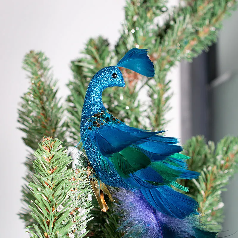 Bulk Artificial Long Tail Blue Peacocks Ornaments Christmas Hanging Ornaments Wholesale