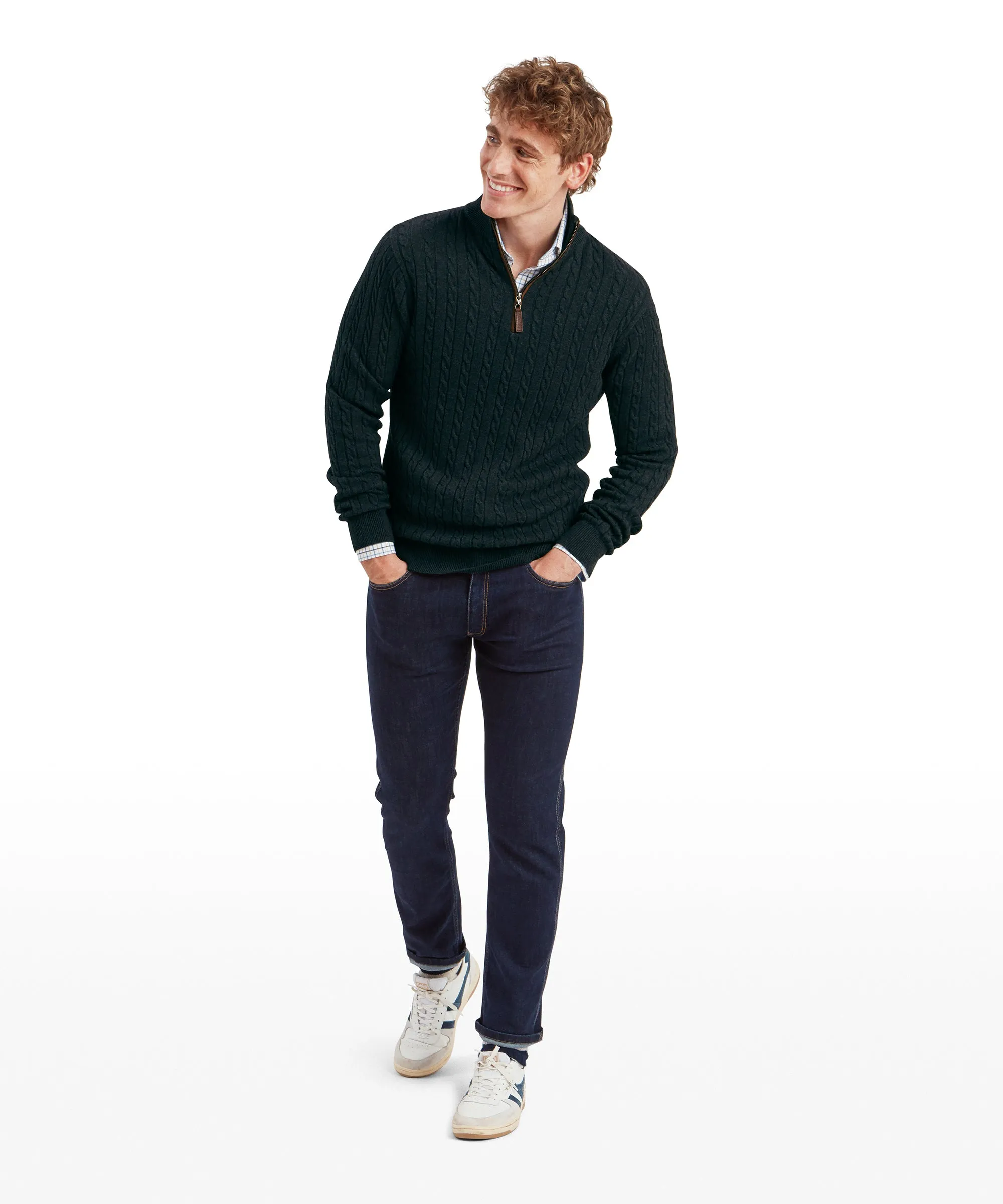 Calton Cotton Cashmere Cable Quarter Zip Jumper - Charcoal