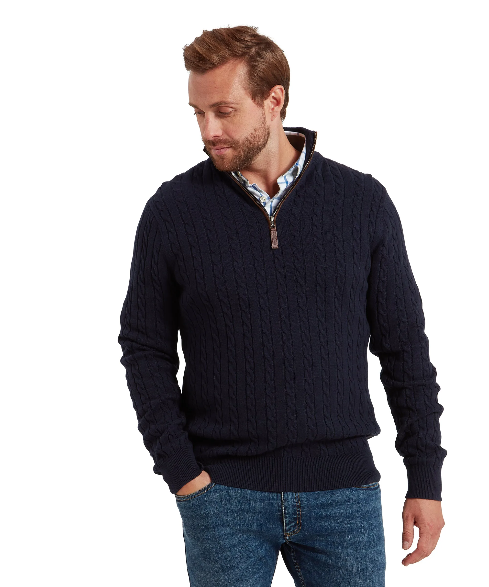 Calton Cotton Cashmere Cable Quarter Zip Jumper - Navy