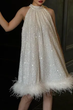 Celebrities Elegant Solid Sequins Feathers With Bow Halter Evening Dress Dresses