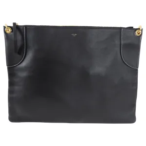 Celine Large Black Leather Flat Zip Pouch / Bag