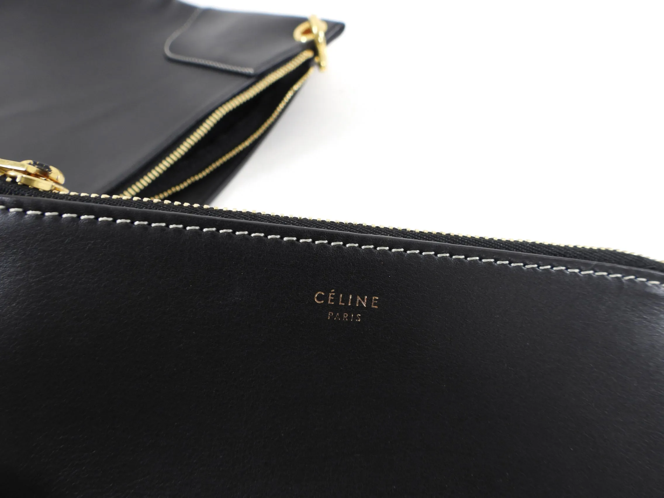 Celine Large Black Leather Flat Zip Pouch / Bag