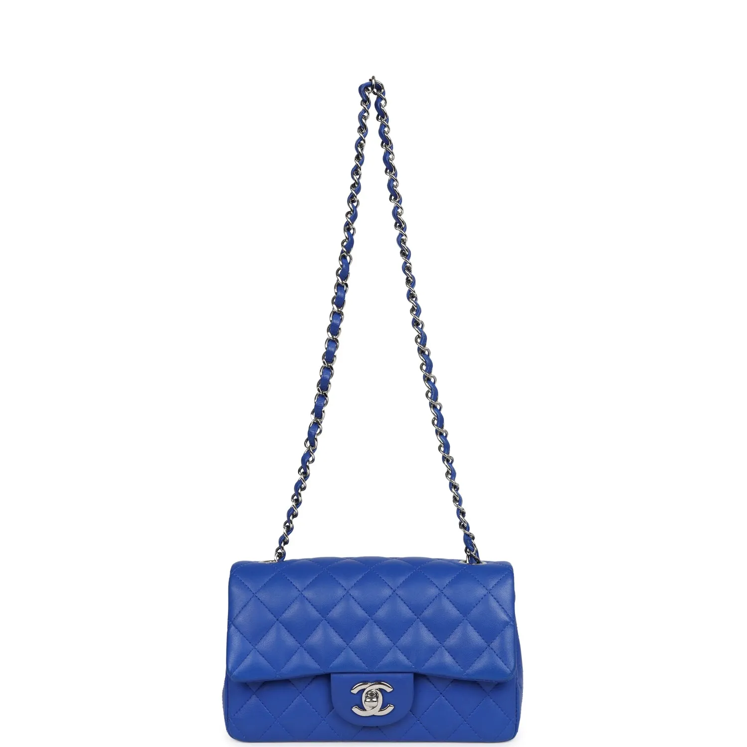 Chanel Mini Rectangular Flap Bag Blue Lambskin Silver Hardware