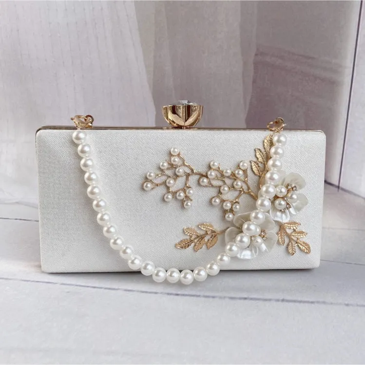 Chinese Style Pearl Floral Decoration Evening Bag with Pearls Chain