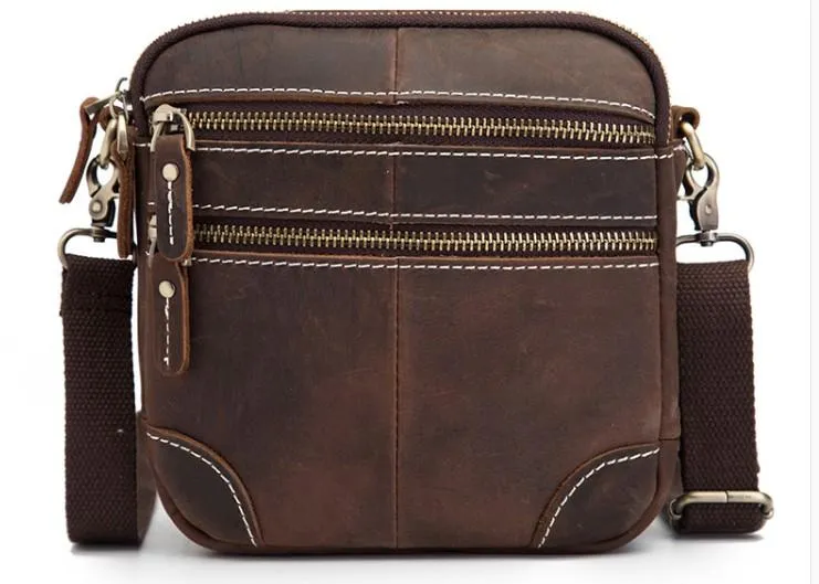 Coffee Leather Mens Small Messenger Bag Cool Mini Side Bag Belt Bag for men