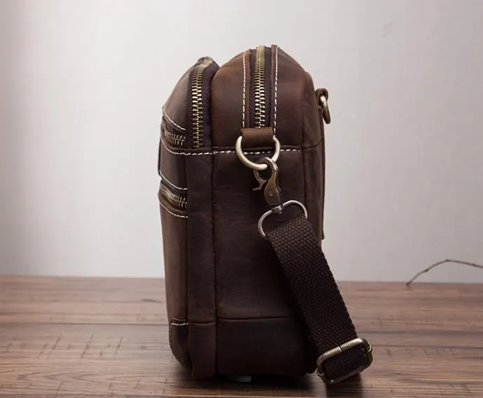 Coffee Leather Mens Small Messenger Bag Cool Mini Side Bag Belt Bag for men