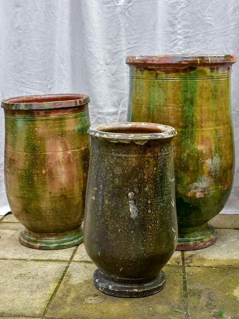 Collection of three 19th Century olive jars with green glaze