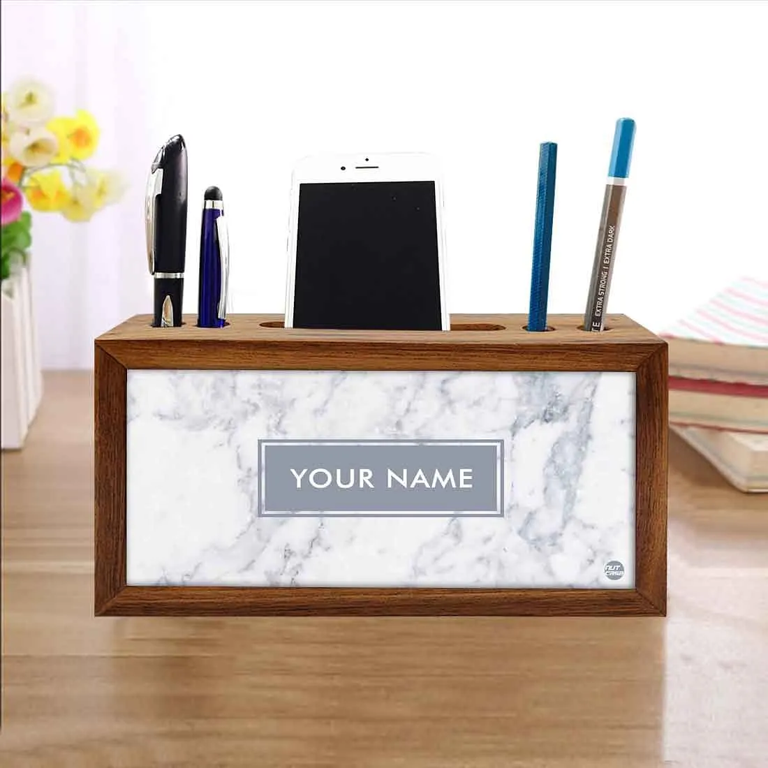 Custom Wood desktop organizer - White Marble Pastel