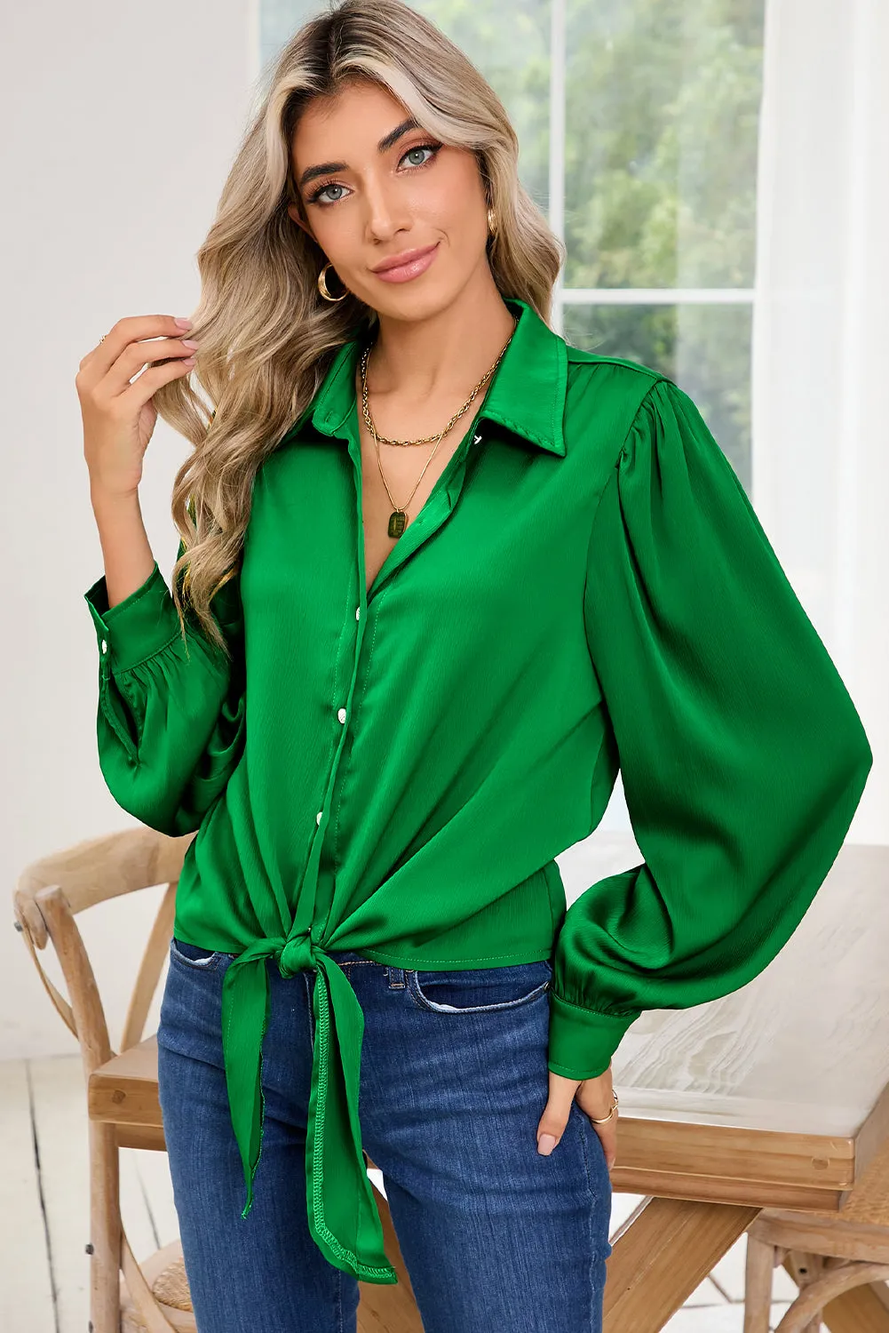 Dark Green Button Down Balloon Sleeve Tie-Front Shirt