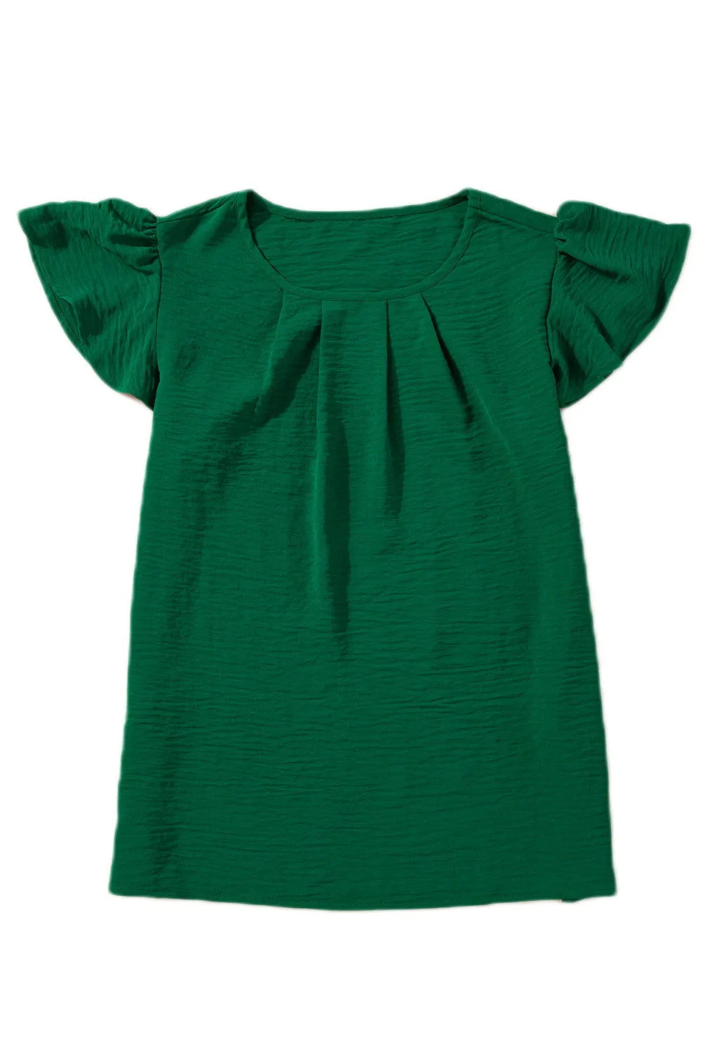 Dark Green Plain Textured Pleated Ruffle Sleeve Blouse