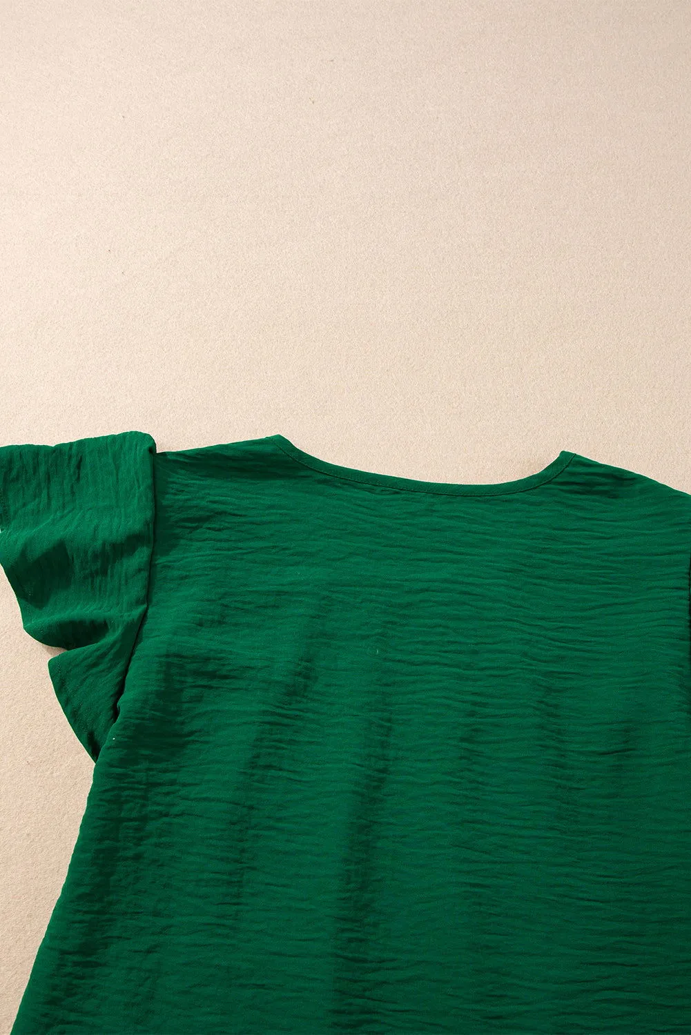 Dark Green Plain Textured Pleated Ruffle Sleeve Blouse