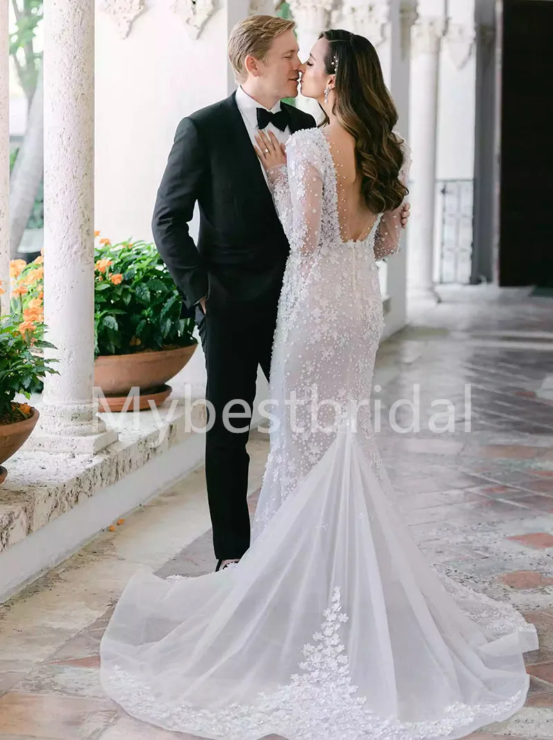 Elegant Deep v-neck Lone sleeves Mermaid Lace applique Wedding Dresses, WDY0258