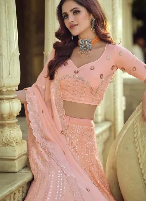 Elegant Georgette Fabric Peach Color Sequins Work Lehenga Choli