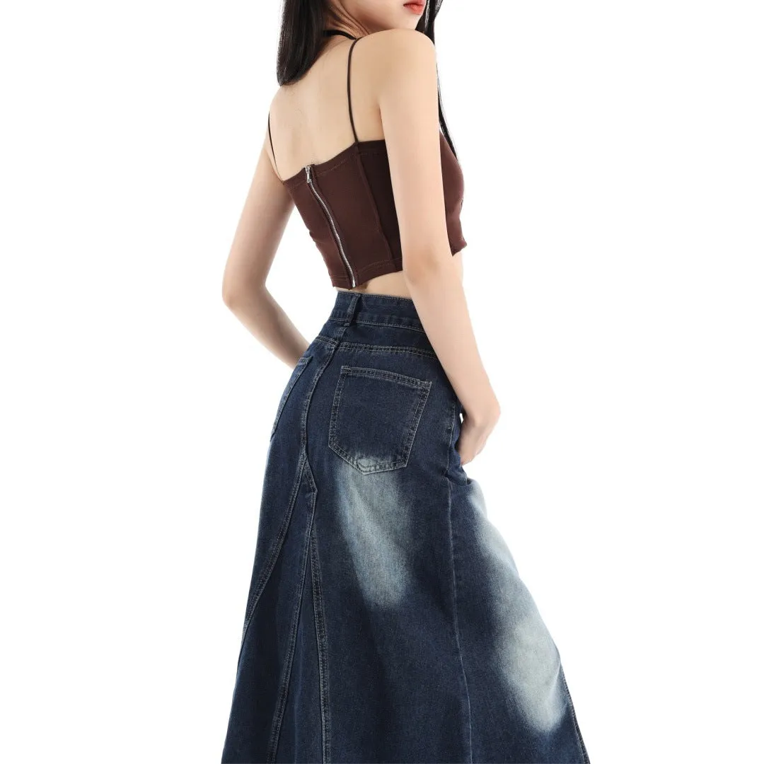 Elegant Gradient Color Patchwork Exra Large Hem Denim Skirt Spring JK1070