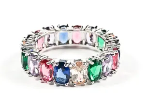 Elegant Multi Color Oval Shape CZ Eternity Brass Band Ring