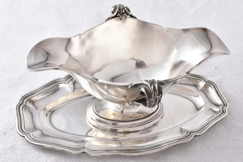 Elegant Poinçon Silver Sauce Boat with Service Tray