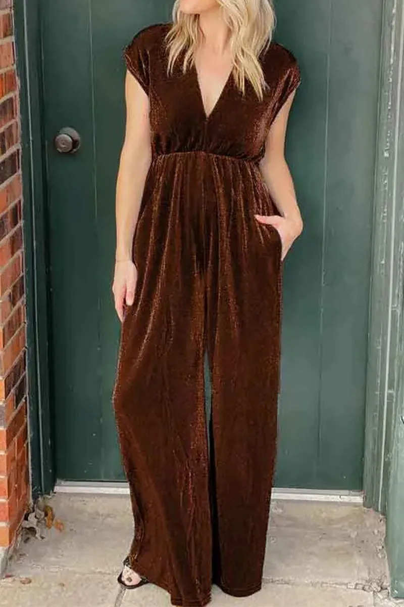 Elegant Simplicity Solid Pocket V Neck Loose Jumpsuits