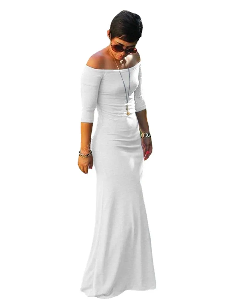 Elegant Solid Color Off Shoulder Slim Party Maxi Dress