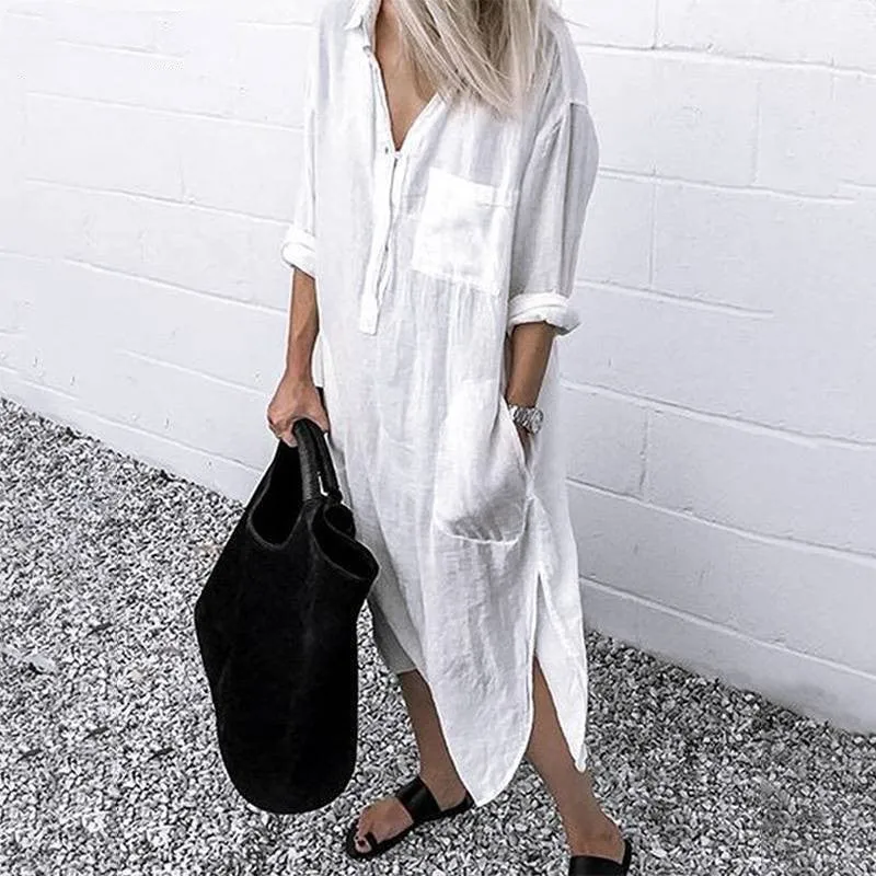 Elegant Solid Color Slit Dress Long Shirt Dress