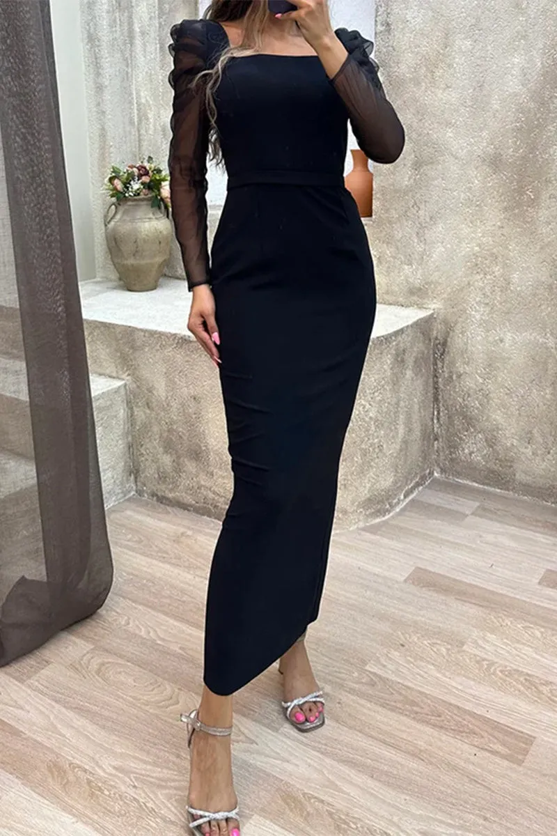 Elegant Solid Patchwork Square Collar Wrapped Skirt Dresses