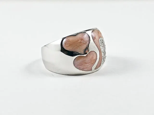 Elegant Unique Heart Shape Peach Color Swirl Pattern Silver Ring