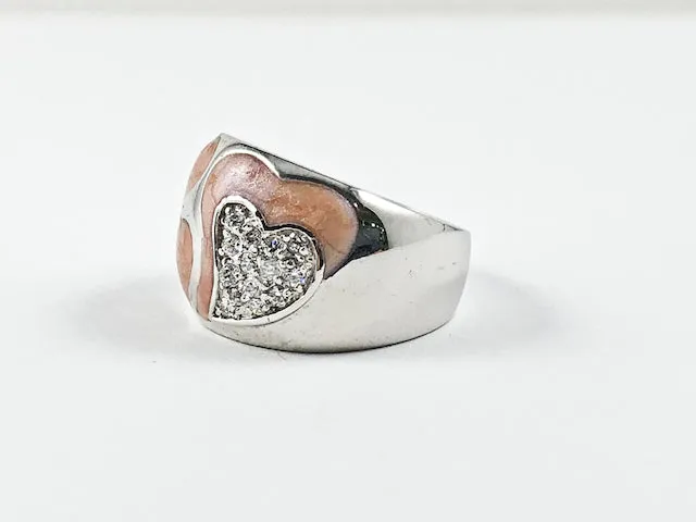 Elegant Unique Heart Shape Peach Color Swirl Pattern Silver Ring