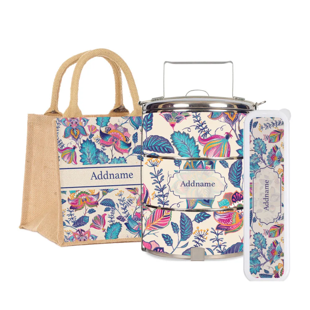 Flora Batik Tiffin Carrier, Jute Tote Bag  & Cutlery Set [FREE Custom Add Name]