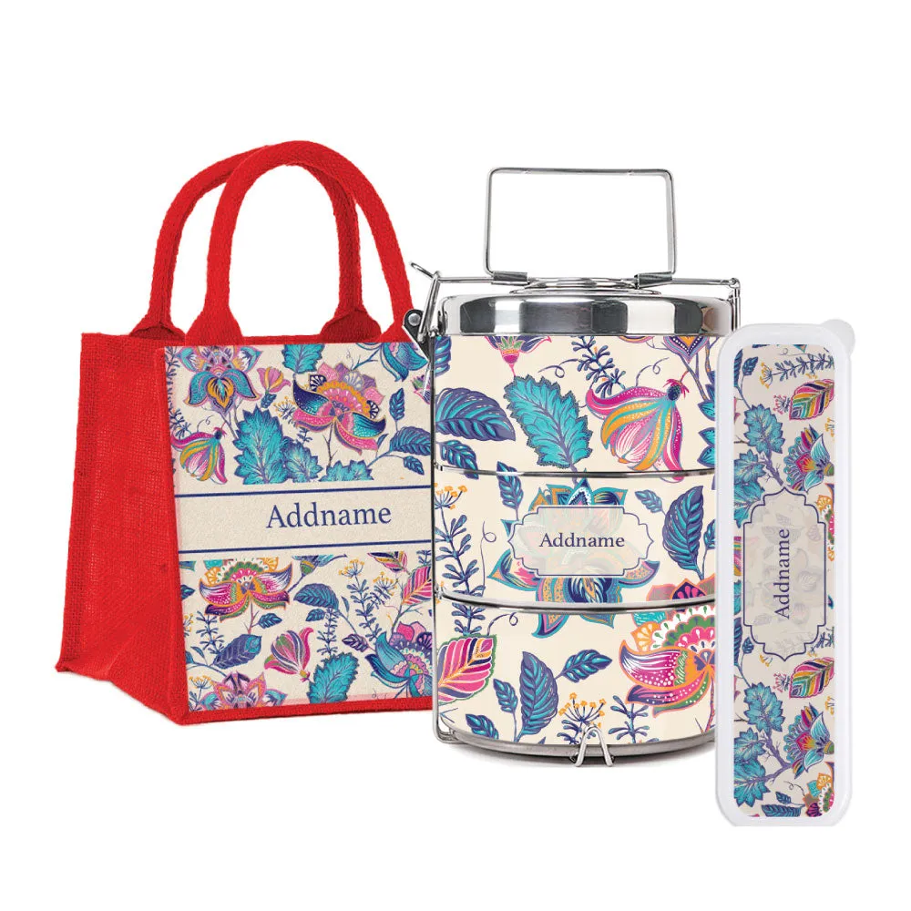 Flora Batik Tiffin Carrier, Jute Tote Bag  & Cutlery Set [FREE Custom Add Name]