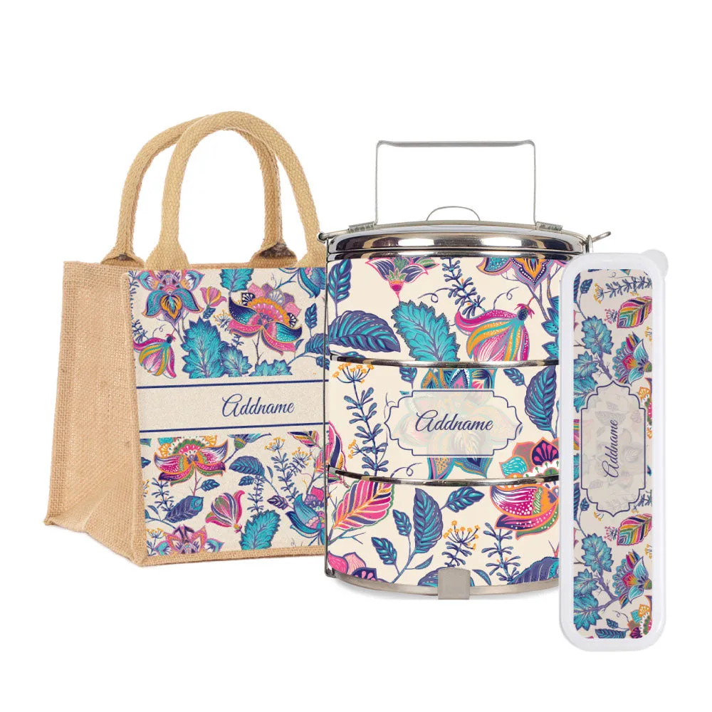 Flora Batik Tiffin Carrier, Jute Tote Bag  & Cutlery Set [FREE Custom Add Name]