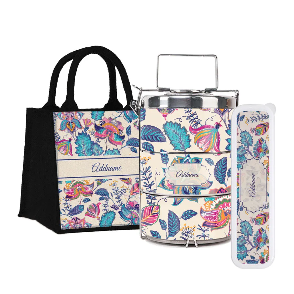 Flora Batik Tiffin Carrier, Jute Tote Bag  & Cutlery Set [FREE Custom Add Name]