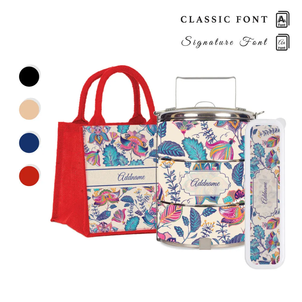 Flora Batik Tiffin Carrier, Jute Tote Bag  & Cutlery Set [FREE Custom Add Name]