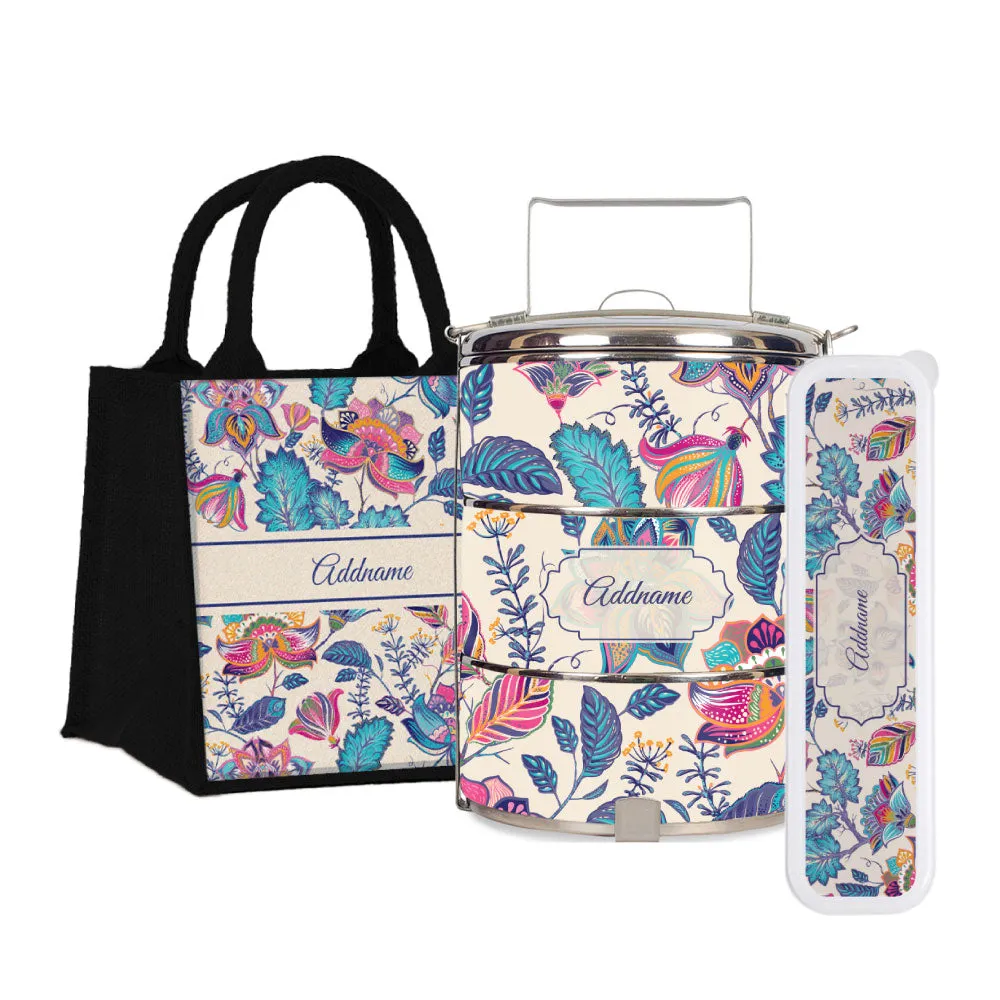 Flora Batik Tiffin Carrier, Jute Tote Bag  & Cutlery Set [FREE Custom Add Name]