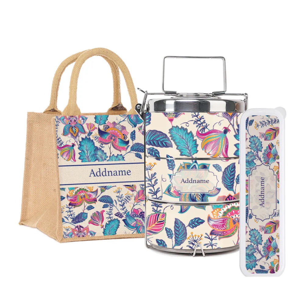 Flora Batik Tiffin Carrier, Jute Tote Bag  & Cutlery Set [FREE Custom Add Name]