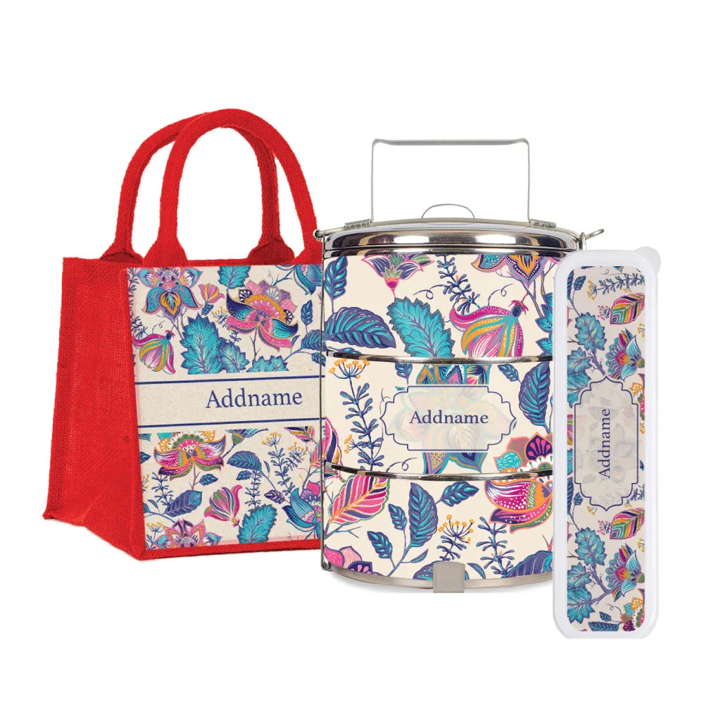 Flora Batik Tiffin Carrier, Jute Tote Bag  & Cutlery Set [FREE Custom Add Name]