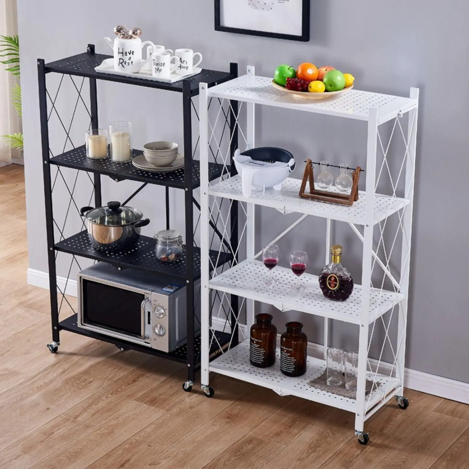 Foldable 4-Tier Carbon Steel Storage Shelf with Wheels