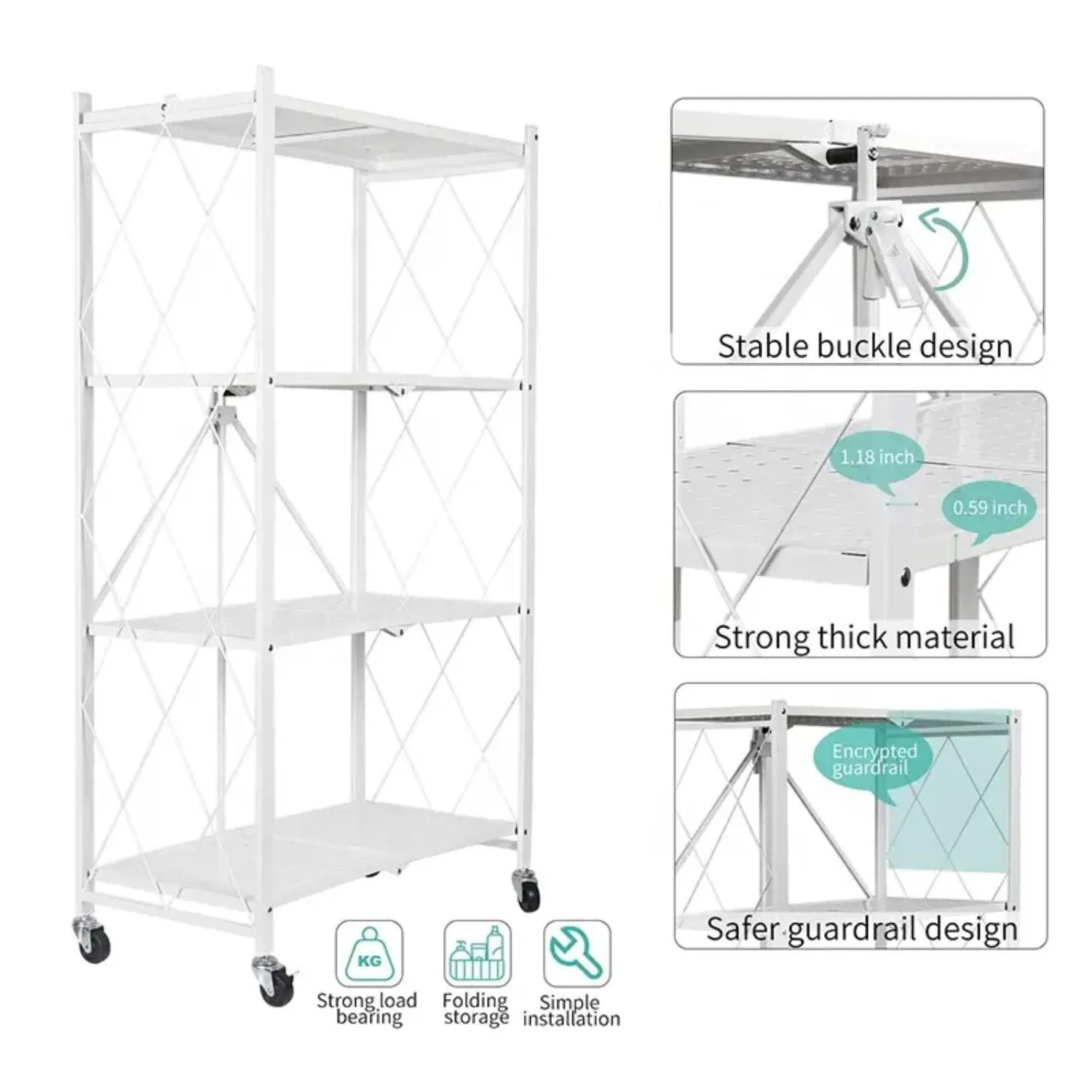 Foldable 4-Tier Carbon Steel Storage Shelf with Wheels